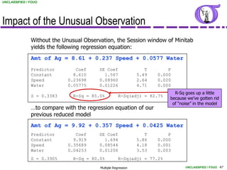 UNCLASSIFIED / FOUO




Impact of the Unusual Observation
               Without the Unusual Observation, the Session window of Minitab
               yields the following regression equation:
               Amt of Ag = 8.61 + 0.237 Speed + 0.0577 Water
               Predictor        Coef     SE Coef                  T       P
               Constant        8.610       1.567               5.49   0.000
               Speed         0.23698     0.08960               2.64   0.020
               Water         0.05775     0.01226               4.71   0.000
                                                                            R-Sq goes up a little
               S = 0.3383      R-Sq = 85.0%          R-Sq(adj) = 82.7%
                                                                          because we’ve gotten rid
                                                                           of “noise” in the model
               …to compare with the regression equation of our
               previous reduced model
               Amt of Ag = 9.92 + 0.357 Speed + 0.0425 Water
               Predictor        Coef     SE Coef                  T       P
               Constant        9.919       1.694               5.86   0.000
               Speed         0.35689     0.08544               4.18   0.001
               Water         0.04253     0.01206               3.53   0.003
               S = 0.3905      R-Sq = 80.0%          R-Sq(adj) = 77.2%

                                         Multiple Regression                     UNCLASSIFIED / FOUO 47
 