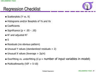 UNCLASSIFIED / FOUO




   Regression Checklist
        Scatterplots (Y vs. X)
        Histograms and/or Boxplots of Ys and Xs
        Coefficients
        Significance (p < .05 - .10)
        R2 and adjusted R2
        S
        Residuals (no obvious pattern)
        Unusual Y values (standardized residuals > 2)
        Unusual X values (leverage > 2p/n)

        Overfitting vs. underfitting (C-p    number of input variables in model)
        Multicollinearity (VIF > 5-10)

                                             Multiple Regression         UNCLASSIFIED / FOUO 50
 
