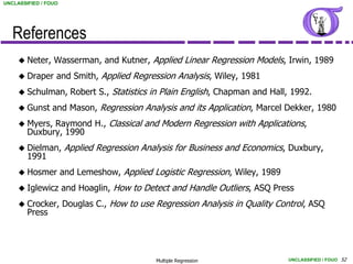 UNCLASSIFIED / FOUO




   References
      Neter,    Wasserman, and Kutner, Applied Linear Regression Models, Irwin, 1989
      Draper     and Smith, Applied Regression Analysis, Wiley, 1981
      Schulman,        Robert S., Statistics in Plain English, Chapman and Hall, 1992.
      Gunst     and Mason, Regression Analysis and its Application, Marcel Dekker, 1980
      Myers, Raymond H., Classical and Modern Regression with Applications,
        Duxbury, 1990
      Dielman,        Applied Regression Analysis for Business and Economics, Duxbury,
        1991
      Hosmer         and Lemeshow, Applied Logistic Regression, Wiley, 1989
      Iglewicz       and Hoaglin, How to Detect and Handle Outliers, ASQ Press
      Crocker,       Douglas C., How to use Regression Analysis in Quality Control, ASQ
        Press




                                              Multiple Regression               UNCLASSIFIED / FOUO 52
 