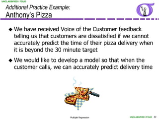 UNCLASSIFIED / FOUO


   Additional Practice Example:
   Anthony’s Pizza
      We      have received Voice of the Customer feedback
         telling us that customers are dissatisfied if we cannot
         accurately predict the time of their pizza delivery when
         it is beyond the 30 minute target
      We    would like to develop a model so that when the
         customer calls, we can accurately predict delivery time




                                  Multiple Regression   UNCLASSIFIED / FOUO 54
 