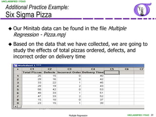 UNCLASSIFIED / FOUO


   Additional Practice Example:
   Six Sigma Pizza
      Our       Minitab data can be found in the file Multiple
         Regression - Pizza.mpj
      Based    on the data that we have collected, we are going to
         study the effects of total pizzas ordered, defects, and
         incorrect order on delivery time




                                     Multiple Regression          UNCLASSIFIED / FOUO 55
 