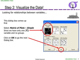 UNCLASSIFIED / FOUO




      Step 2: Visualize the Data!
  Looking for relationships between variables...


    This dialog box comes up
    first

    Select Matrix of Plots – Simple
    Since we have only one (Y)
    variable and no groups

    Click on OK to go the next
    Dialog box




                                      Multiple Regression   UNCLASSIFIED / FOUO   9
 