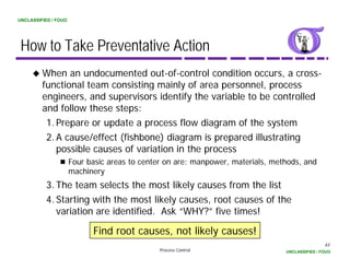 UNCLASSIFIED / FOUO




 How to Take Preventative Action
         When an undocumented out-of-control condition occurs, a cross-
         functional team consisting mainly of area personnel process
                                                     personnel,
         engineers, and supervisors identify the variable to be controlled
         and follow these steps:
          1. Prepare or update a process flow diagram of the system
          2. A cause/effect (fishbone) diagram is prepared illustrating
             possible causes of variation in the process
                      Four basic areas to center on are: manpower, materials, methods, and
                      machinery
          3.
          3 The team selects the most likely causes from the list
          4. Starting with the most likely causes, root causes of the
             variation are identified. Ask “WHY?” five times!

                            Find root causes, not likely causes!
                                                                                                 43
                                               Process Control                   UNCLASSIFIED / FOUO
 