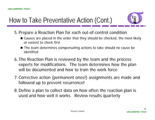 UNCLASSIFIED / FOUO




 How to Take Preventative Action (Cont.)
     5. Prepare a Reaction Plan for each out-of-control condition
             Causes are placed in the order that they should be checked, the most likely
             C             l  d i th    d th t th      h ld b h k d th          t lik l
             or easiest to check first
             The team determines compensating actions to take should no cause be
             identified

     6. The Reaction Plan is reviewed by the team and the process
        experts for modifications. The team determines how the plan
        will be documented and how to train the work force
     7. Corrective action (permanent ones!) assignments are made and
        followed up to prevent recurrence!
     8. Define a plan to collect data on how often the reaction plan is
        used and how well it works. Review results quarterly
                                                     q       y

                                                                                              44
                                           Process Control                    UNCLASSIFIED / FOUO
 