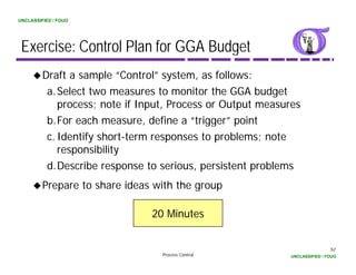 UNCLASSIFIED / FOUO




 Exercise: Control Plan for GGA Budget
         Draft a sample “Control” system, as follows:
          a.Select two measures to monitor the GGA budget
             process; note if Input, Process or Output measures
          b.For
          b For each measure define a “trigger” point
                       measure,           trigger
          c. Identify short-term responses to problems; note
             responsibility
                p         y
          d.Describe response to serious, persistent problems
         Prepare to share ideas with the group
            p                            g p

                               20 Minutes


                                                                             52
                                  Process Control            UNCLASSIFIED / FOUO
 