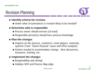 UNCLASSIFIED / FOUO




 Revision Planning
         Identify criteria for revision
              Under hat circumstances
              Unde what ci c mstances is revision likel to be needed?
                                          e ision likely
         Determine who is responsible
              Process o e s ou d o e see (at least)
                ocess owner should oversee    east)
              Responsible person(s) should have process knowledge
         Plan the changes
              Impacts on the process, customers, team players, materials,
              systems (Tool: “future-focused” cause and effect analysis)
              Actions needed to accommodate change: New documents,
              measures, training, etc.
         Implement the changes
              Responsibility and timing!
              Validate SOP and Process Map align.
                                                                                        65
                                           Process Control              UNCLASSIFIED / FOUO
 