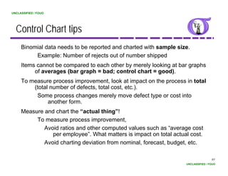 UNCLASSIFIED / FOUO




  Control Chart tips
                  p
     Binomial data needs to be reported and charted with sample size.
          Example: Number of rejects out of number shipped
     Items cannot be compared to each other by merely looking at bar graphs
          of averages (bar graph = bad; control chart = good).
     To measure process improvement, look at impact on the process in total
         (total number of defects, total cost, etc.).
          Some process changes merely move defect type or cost into
               another form.
     Measure and chart the “actual thing”!
          To measure process improvement,
             Avoid ratios and other computed values such as “average cost
                per employee”. What matters is impact on total actual cost.
             Avoid charting deviation from nominal forecast budget etc
                                           nominal, forecast, budget, etc.

                                                                                    97
                                                                    UNCLASSIFIED / FOUO
 