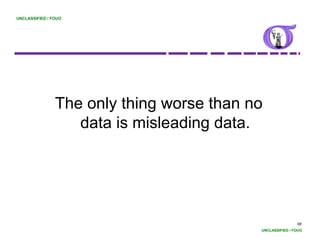 UNCLASSIFIED / FOUO




                The only thing worse than no
                   data is misleading data.




                                                           98
                                           UNCLASSIFIED / FOUO
 