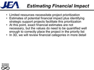 Estimating Financial Impact Limited resources necessitate project prioritization  Estimates of potential financial impact plus identifying strategic support projects facilitate this prioritization At this point, exact financial estimates are not necessary, but the values do need to be quantified well enough to correctly place the project in the priority list In 3D, we will review financial categories in more detail 
