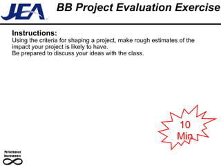 BB Project Evaluation Exercise Instructions:  Using the criteria for shaping a project, make rough estimates of the impact your project is likely to have.  Be prepared to discuss your ideas with the class.  10 Min 