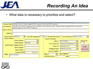 Recording An Idea What data is necessary to prioritize and select? 