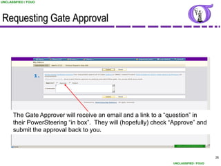 UNCLASSIFIED / FOUO




Requesting Gate Approval




      The Gate Approver will receive an email and a link to a “question” in
      their PowerSteering “in box”. They will (hopefully) check “Approve” and
      submit the approval back to you.



                                                                                      26
                                                                UNCLASSIFIED / FOUO
 