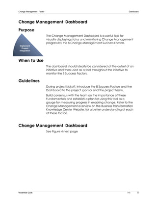 Change Management  Toolkit                                                                Dashboard 




Change Management Dashboard
Purpose
                              The Change Management Dashboard is a useful tool for
                              visually displaying status and monitoring Change Management
                              progress by the 8 Change Management Success Factors.
 Implement 
   Project 
 Integration




When To Use
                              The dashboard should ideally be considered at the outset of an
                              initiative and then used as a tool throughout the initiative to
                              monitor the 8 Success Factors.

Guidelines
                              During project kickoff, introduce the 8 Success Factors and the
                              Dashboard to the project sponsor and the project team.
                              Build consensus with the team on the importance of these
                              Fundamentals and establish a plan for using this tool as a
                              gauge for measuring progress in enabling change. Refer to the
                              Change Management overview on the Business Transformation
                              Knowledge Center Website, for a better understanding of each
                              of these factors.



Change Management Dashboard
                              See Figure 4 next page




November 2006                                                                            TK ­     9 
 