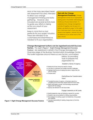 Change Management Toolkit                                                                                            Introduction 


                                       Most of the tools described herein
                                       are assessment focused, intended                 Start with the Change
                                       to direct your change                            Management Roadmap. Change
                                       management thinking and data­                    Management activity has an appropriate
                                       gathering. However, also                         starting point in the DMAIC methodology of
                                       included are several activity­tools              Continuous Process Improvement. To
                                       to guide your efforts in taking                  understand how change management
                                       action as a result of your                       activities fit together over the span of a
                                       assessment.                                      project, go directly to page 7 of this toolkit,
                                                                                        for a “swim lane chart” of how your plan
                                       Keep in mind that no tool
                                                                                        should come together. Maintain this chart
                                       perfectly fits your project situation.
                                                                                        for reference as you review each of the
                                       These are intended to be
                                                                                        tools in this kit.
                                       customized and streamlined as
                                       needed to fit your organization .


                                       Change Management actions can be organized around 8 Success
                                       Factors. The eight (Figure 1  Eight Change Management Success 
                                       Factors) are explained in detail in the Change Management
                                       Overview page of the Business Transformation Knowledge Center.
                                       This toolkit organizes around these success factors, summarized
                                                                                   below, by providing
                                                                                   tools to prepare the
                                                                                   organization to:
                      Enhance       Establish a 
                    Performance        Sense                                                     Establish a Sense of Urgency
                         and        of Urgency 
                    Organization                                 ·   Identify the forces driving the need for change.
                     Alignment                                   ·   Link them to customers and broader business challenges.
                                                                 ·   Highlight that the price of staying the same is higher than the 
     Implement                                   Clarify and         price of change.
       Project                                    Share the      ·   Compel action. 
     Integration                               Transformation 
                                                   Vision 
                                                                                                Clarify/Share the Transformation 
                                                                                                Vision
                                         Engage Leadership 
   Enhance Change                              At all levels     ·   Translate the sense of urgency, or business case into a 
      Capability                                                     compelling picture that draws people toward the future state.
                                                                 ·   Define new people, process, and technology requirements 
                                                                     aligned with the strategy.
                 Involve               Establish                 ·   Specify new behaviors for the future state. 
              Stakeholders              Change 
                                    Communications                                              Engage Leadership at All Levels

                                                                 ·   Identify leadership roles and behaviors required for success.
                                                                 ·   Establish clear accountability for fulfilling responsibilities.
                                                                 ·   Set strategies for existing support and leadership of key people 
                                                                     and initiatives.
                                                                 ·   Cascade responsibility for leading change down to front­line 
Figure 1  Eight Change Management Success Factors                    leadership. 




        November 2006                                                                                                       TK ­         2
 