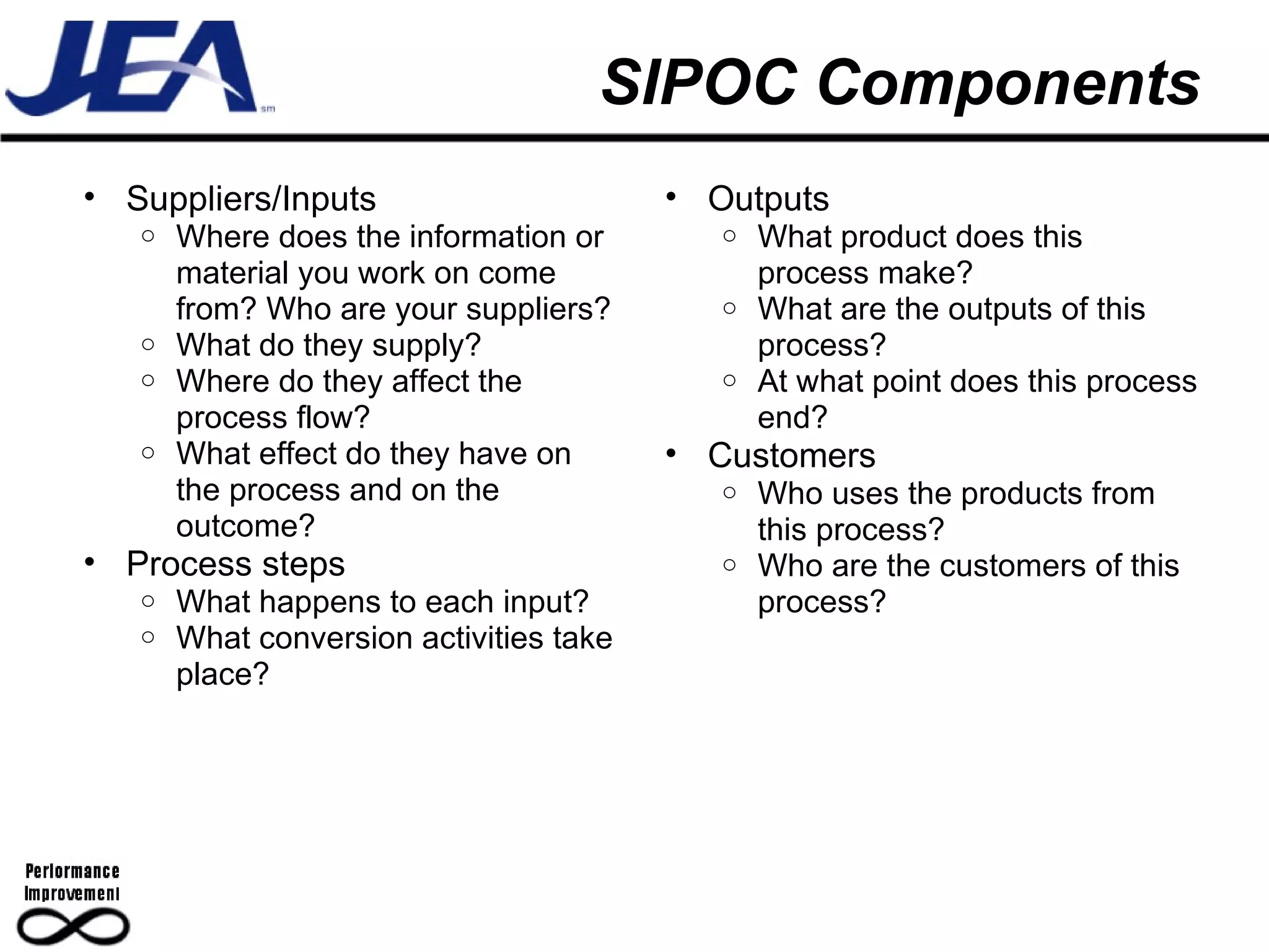SIPOC Components Suppliers/Inputs Where does the information or material you work on come from? Who are your suppliers? What do they supply? Where do they affect the process flow? What effect do they have on the process and on the outcome? Process steps What happens to each input? What conversion activities take place? Outputs What product does this process make? What are the outputs of this process? At what point does this process end? Customers Who uses the products from this process? Who are the customers of this process? 