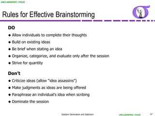 UNCLASSIFIED / FOUO




 Rules for Effective Brainstorming
     DO
        Allow individuals to complete their thoughts
        Build on existing ideas
        Be brief when stating an idea
        Organize, categorize, and evaluate only after the session
        Strive for quantity

     Don’t
        Criticize ideas (allow “idea assassins”)
        Make judgments as ideas are being offered
        Paraphrase an individual’s idea when scribing
        Dominate the session


                                       Solution Generation and Selection   UNCLASSIFIED / FOUO   12
 