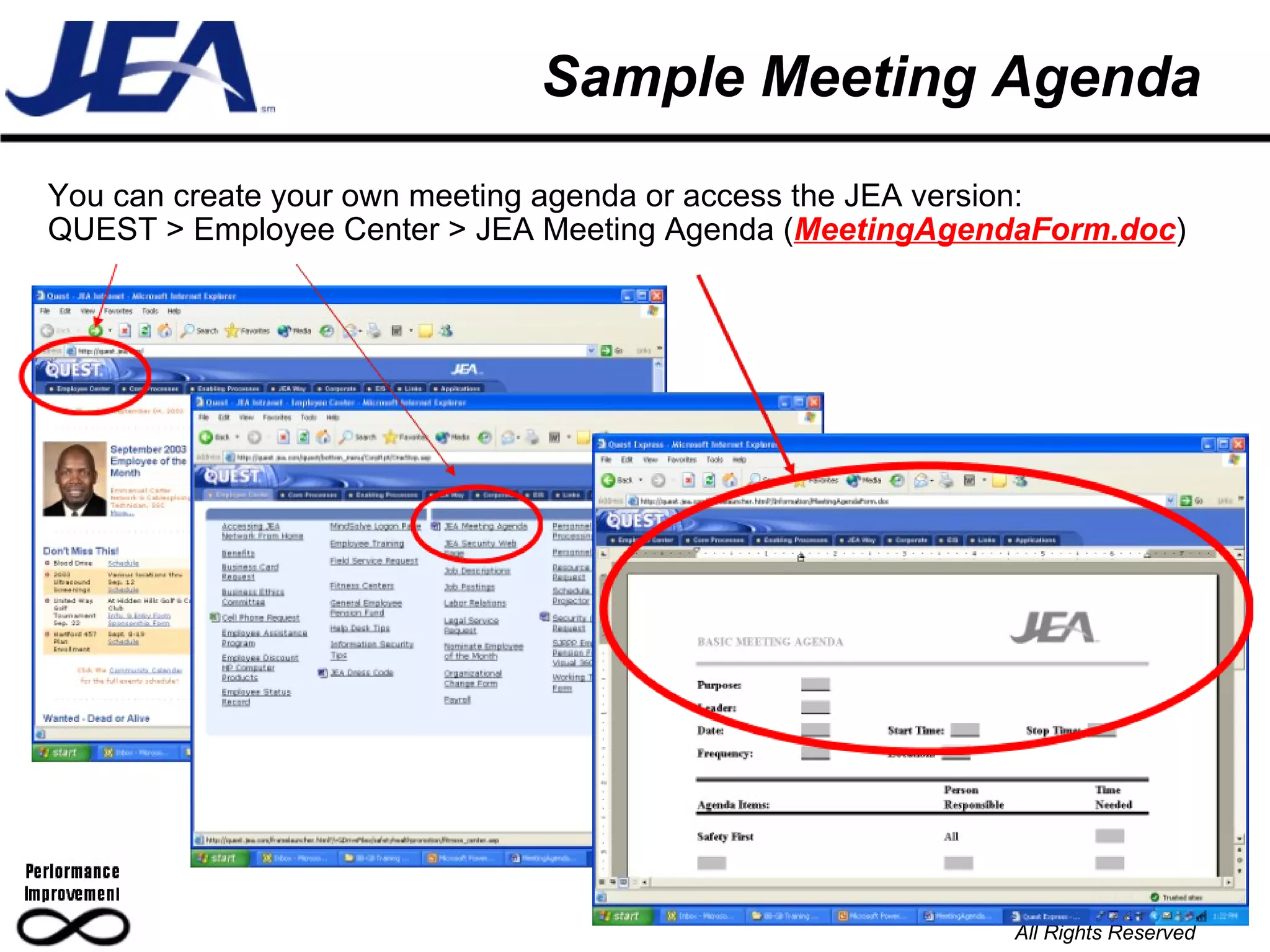Sample Meeting Agenda You can create your own meeting agenda or access the JEA version:  QUEST > Employee Center > JEA Meeting Agenda ( MeetingAgendaForm.doc ) 23 ©2006, JEA™;  All Rights Reserved  