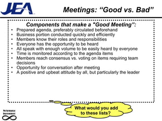 Meetings: “Good vs. Bad” Components that make a "Good Meeting”: Prepared agenda, preferably circulated beforehand  Business portion conducted quickly and efficiently  Members know their roles and responsibilities  Everyone has the opportunity to be heard  All speak with enough volume to be easily heard by everyone  Time is monitored according to the agenda items  Members reach consensus vs. voting on items requiring team decisions  Opportunity for conversation after meeting  A positive and upbeat attitude by all, but particularly the leader What would you add to these lists?   
