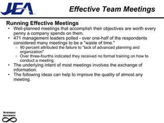 Effective Team Meetings Running Effective Meetings Well-planned meetings that accomplish their objectives are worth every penny a company spends on them.  471 management leaders polled - over one-half of the respondents considered many meetings to be a "waste of time."  90 percent attributed the failure to "lack of advanced planning and organization"  Over three-fourths indicated they received no formal training on how to conduct a meeting.  The underlying intent of most meetings involves the exchange of information.  The following ideas can help to improve the quality of almost any meeting.  
