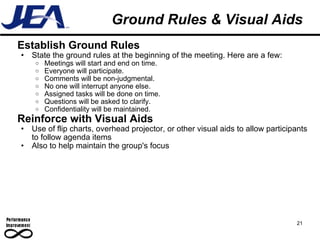 Ground Rules & Visual Aids Establish Ground Rules State the ground rules at the beginning of the meeting. Here are a few: Meetings will start and end on time.  Everyone will participate.  Comments will be non-judgmental.  No one will interrupt anyone else.  Assigned tasks will be done on time.  Questions will be asked to clarify.  Confidentiality will be maintained.  Reinforce with Visual Aids Use of flip charts, overhead projector, or other visual aids to allow participants to follow agenda items Also to help maintain the group's focus 21 