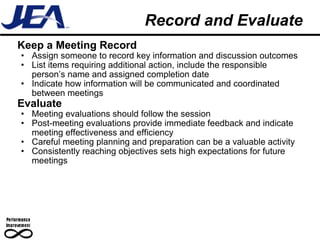 Record and Evaluate Keep a Meeting Record Assign someone to record key information and discussion outcomes List items requiring additional action, include the responsible person’s name and assigned completion date Indicate how information will be communicated and coordinated between meetings Evaluate Meeting evaluations should follow the session Post-meeting evaluations provide immediate feedback and indicate meeting effectiveness and efficiency  Careful meeting planning and preparation can be a valuable activity Consistently reaching objectives sets high expectations for future meetings 