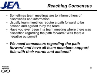 Reaching Consensus Sometimes team meetings are to inform others of discoveries and information Usually team meetings require a path forward to be defined and agreed to by the team Have you ever been in a team meeting where there was dissention regarding the path forward? Was there a negative outcome? We need consensus regarding the path forward and have all team members support this with their words and actions!! 25 