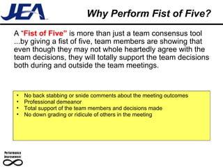 Why Perform Fist of Five? A “ Fist of Five”  is more than just a team consensus tool ...by giving a fist of five, team members are showing that even though they may not whole heartedly agree with the team decisions, they will totally support the team decisions both during and outside the team meetings. No back stabbing or snide comments about the meeting outcomes Professional demeanor Total support of the team members and decisions made No down grading or ridicule of others in the meeting 