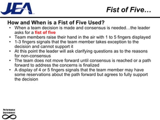 Fist of Five… How and When is a Fist of Five Used? When a team decision is made and consensus is needed…the leader asks for a  fist of five Team members raise their hand in the air with 1 to 5 fingers displayed 1-3 fingers signals that the team member takes exception to the decision and cannot support it At this point the leader will ask clarifying questions as to the reasons for non-consensus The team does not move forward until consensus is reached or a path forward to address the concerns is finalized A display of 4 or 5 fingers signals that the team member may have some reservations about the path forward but agrees to fully support the decision 