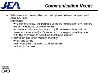 Communication Needs Determine a communication plan and pre-schedule champion and team meetings. Determine: why communicate: the purpose of the communication (i.e.: can be e-mail, telephone, or one-on-one) who needs to be communicate to (I.E. team members, ad hoc members, champion) – it’s important to a regular meeting time with the champion to solicit feedback and support how often (i.e. daily, weekly, monthly) when and where main concerns that need to be addressed actions to be taken 