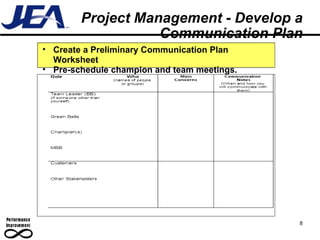 Project Management - Develop a Communication Plan 8 Create a Preliminary Communication Plan Worksheet Pre-schedule champion and team meetings. 