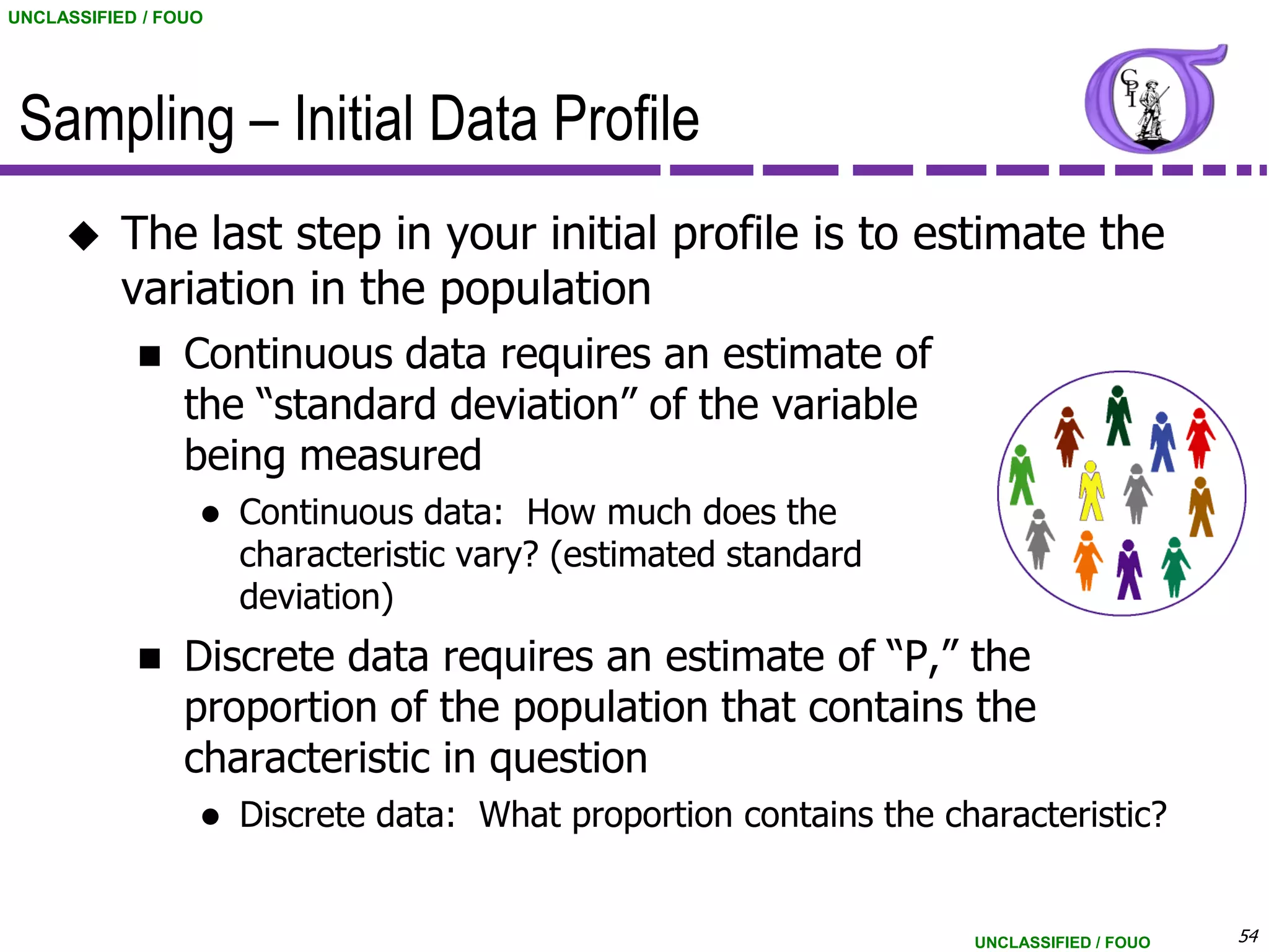 UNCLASSIFIED / FOUO




 Sampling – Initial Data Profile
          The last step in your initial profile is to estimate the
           variation in the population
                Continuous data requires an estimate of
                 the “standard deviation” of the variable
                 being measured
                     Continuous data: How much does the
                      characteristic vary? (estimated standard
                      deviation)
                Discrete data requires an estimate of “P,” the
                 proportion of the population that contains the
                 characteristic in question
                     Discrete data: What proportion contains the characteristic?


                                                                    UNCLASSIFIED / FOUO   54
 