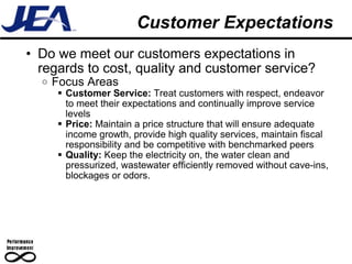 Customer Expectations Do we meet our customers expectations in regards to cost, quality and customer service? Focus Areas Customer Service:  Treat customers with respect, endeavor to meet their expectations and continually improve service levels Price:  Maintain a price structure that will ensure adequate income growth, provide high quality services, maintain fiscal responsibility and be competitive with benchmarked peers Quality:  Keep the electricity on, the water clean and pressurized, wastewater efficiently removed without cave-ins, blockages or odors. 