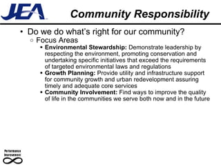Community Responsibility Do we do what’s right for our community? Focus Areas Environmental Stewardship:  Demonstrate leadership by respecting the environment, promoting conservation and undertaking specific initiatives that exceed the requirements of targeted environmental laws and regulations Growth Planning:  Provide utility and infrastructure support for community growth and urban redevelopment assuring timely and adequate core services Community Involvement:  Find ways to improve the quality of life in the communities we serve both now and in the future 