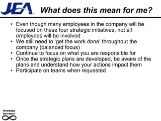 What does this mean for me? Even though many employees in the company will be focused on these four strategic initiatives, not all employees will be involved We still need to ‘get the work done’ throughout the company (balanced focus) Continue to focus on what you are responsible for Once the strategic plans are developed, be aware of the plans and understand how your actions impact them Participate on teams when requested 
