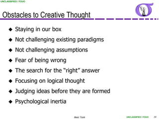 UNCLASSIFIED / FOUO




 Obstacles to Creative Thought
          Staying in our box
          Not challenging existing paradigms
          Not challenging assumptions
          Fear of being wrong
          The search for the “right” answer
          Focusing on logical thought
          Judging ideas before they are formed
          Psychological inertia

                                   Basic Tools    UNCLASSIFIED / FOUO   14
 