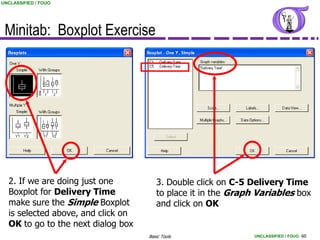 UNCLASSIFIED / FOUO




 Minitab: Boxplot Exercise




  2. If we are doing just one          3. Double click on C-5 Delivery Time
  Boxplot for Delivery Time            to place it in the Graph Variables box
  make sure the Simple Boxplot         and click on OK
  is selected above, and click on
  OK to go to the next dialog box
                                    Basic Tools                UNCLASSIFIED / FOUO 60
 