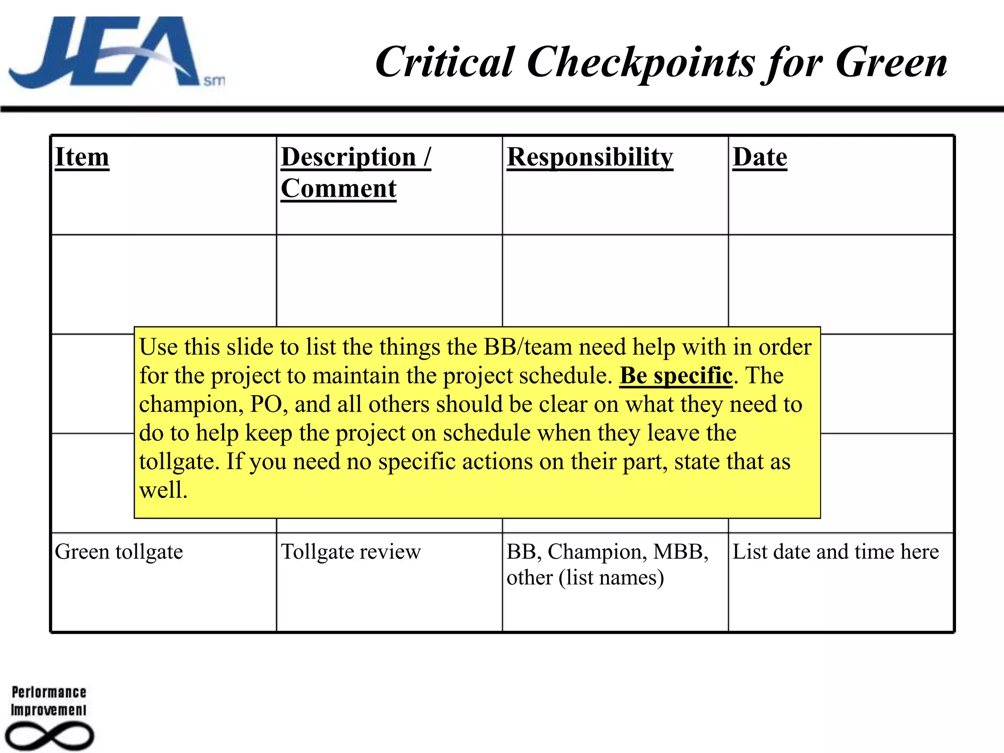 Critical Checkpoints for Green
Item                   Description /           Responsibility         Date
                       Comment




         Use this slide to list the things the BB/team need help with in order
         for the project to maintain the project schedule. Be specific. The
         champion, PO, and all others should be clear on what they need to
         do to help keep the project on schedule when they leave the
         tollgate. If you need no specific actions on their part, state that as
         well.

Green tollgate         Tollgate review         BB, Champion, MBB,     List date and time here
                                               other (list names)
 