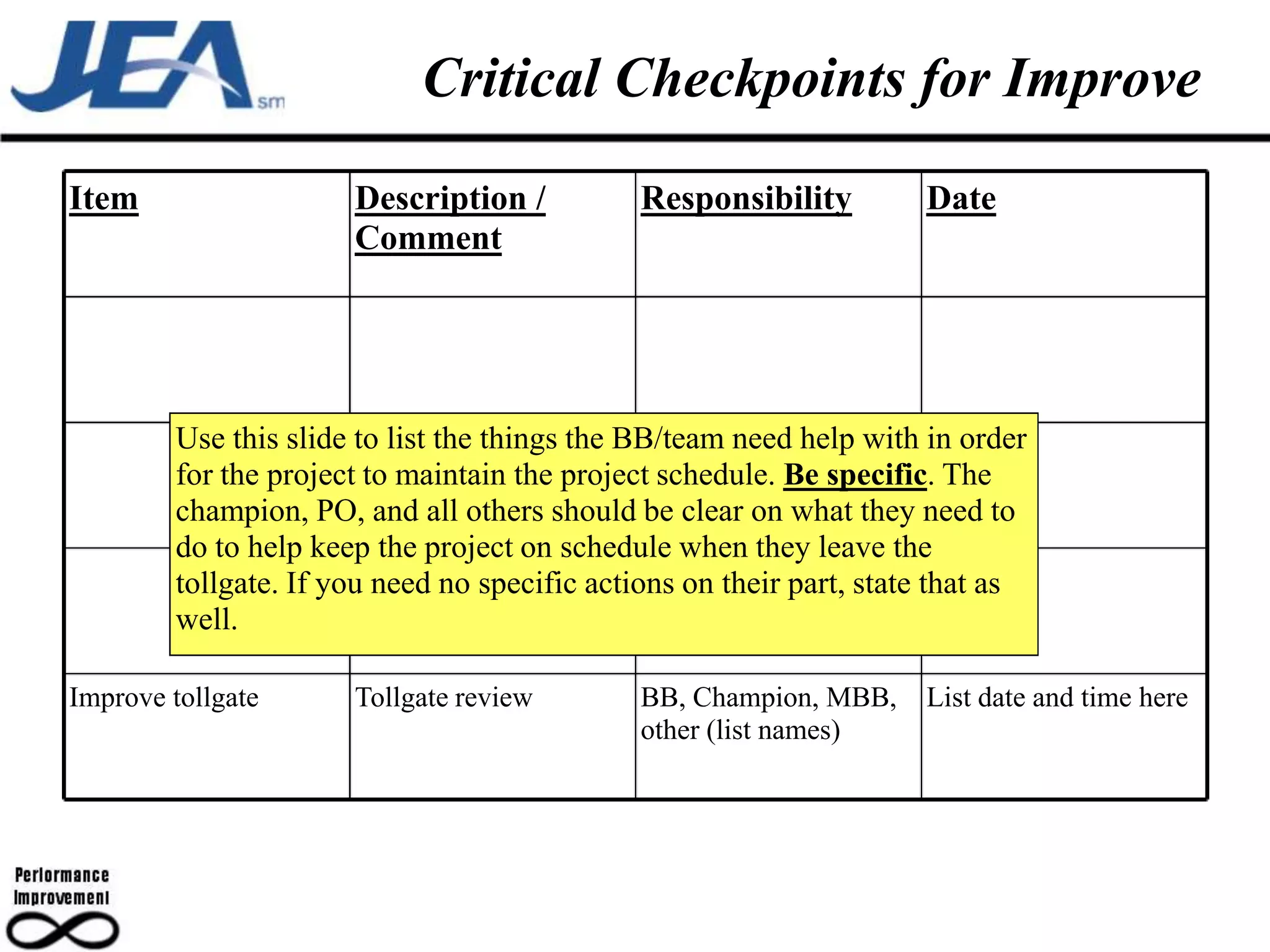 Critical Checkpoints for Improve
Item                  Description /           Responsibility         Date
                      Comment




        Use this slide to list the things the BB/team need help with in order
        for the project to maintain the project schedule. Be specific. The
        champion, PO, and all others should be clear on what they need to
        do to help keep the project on schedule when they leave the
        tollgate. If you need no specific actions on their part, state that as
        well.

Improve tollgate      Tollgate review         BB, Champion, MBB,     List date and time here
                                              other (list names)
 