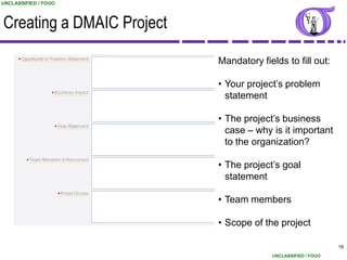 UNCLASSIFIED / FOUO



Creating a DMAIC Project

                           Mandatory fields to fill out:

                           • Your project‟s problem
                             statement

                           • The project‟s business
                             case – why is it important
                             to the organization?

                           • The project‟s goal
                             statement

                           • Team members

                           • Scope of the project

                                                               18
                                         UNCLASSIFIED / FOUO
 