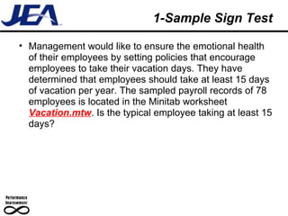 1-Sample Sign Test Management would like to ensure the emotional health of their employees by setting policies that encourage employees to take their vacation days. They have determined that employees should take at least 15 days of vacation per year. The sampled payroll records of 78 employees is located in the Minitab worksheet  Vacation.mtw . Is the typical employee taking at least 15 days?  