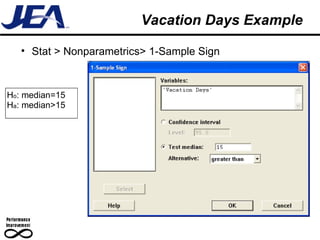 Vacation Days Example Stat > Nonparametrics> 1-Sample Sign H o : median=15 H a : median>15 
