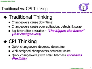 UNCLASSIFIED / FOUO




 Traditional vs. CPI Thinking
          Traditional Thinking
           Changeovers cause downtime
           Changeovers cause poor utilization, defects & scrap
           Big Batch Size desirable - “The Bigger, the Better”
               (less changeovers)

          CPI Thinking
           Quick changeovers decrease downtime
           Well designed changeovers decrease waste
           Quick changeovers (with small batches) Increases
               Flexibility

                                                     UNCLASSIFIED / FOUO   4
 
