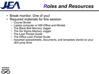 R oles and Resources Break monitor: One of you! Required materials for this session Course Binder Laptop computer w/ MS-Office and Minitab The Black Belt Memory Jogger The Six Sigma Memory Jogger The Lean Pocket Guide The Office Lean Pocket Guide Assorted spreadsheets, documents, and templates stored on your JEA jump drive 