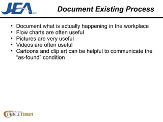 Document Existing Process Document what is actually happening in the workplace Flow charts are often useful Pictures are very useful Videos are often useful Cartoons and clip art can be helpful to communicate the “as-found” condition 