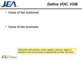 Define VOC, VOB Voice of the customer Voice of the business Add slides with pictures, words, graphs, cartoons, clipart or whatever will communicate as appropriate to show “the story”.  