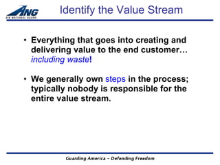Identify the Value Stream

• Everything that goes into creating and
  delivering value to the end customer…
  including waste!

• We generally own steps in the process;
  typically nobody is responsible for the
  entire value stream.
 