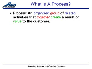 What is A Process?
• Process: An organized group of related
  activities that together create a result of
  value to the customer.
 