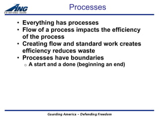 Processes
• Everything has processes
• Flow of a process impacts the efficiency
  of the process
• Creating flow and standard work creates
  efficiency reduces waste
• Processes have boundaries
  o   A start and a done (beginning an end)
 