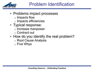 Problem Identification
• Problems impact processes
  o   Impacts flow
  o   Impacts efficiencies
• Typical response:
  o   Increase manpower
  o   Contract out
• How do you identify the real problem?
  o   Root Cause Analysis
  o   Five Whys
 