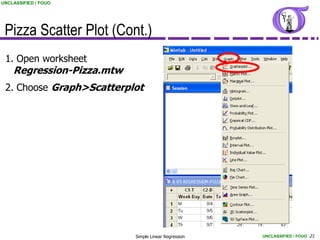 UNCLASSIFIED / FOUO




 Pizza Scatter Plot (Cont.)
 1. Open worksheet
    Regression-Pizza.mtw
 2. Choose Graph>Scatterplot




                           Simple Linear Regression   UNCLASSIFIED / FOUO 21
 